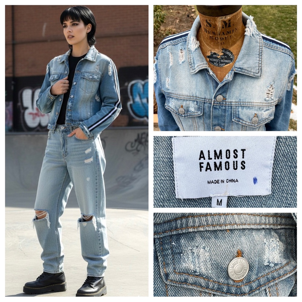 Almost Famous Distressed Blue Denim Jacket Women Racing Stripe Trucker M Grunge